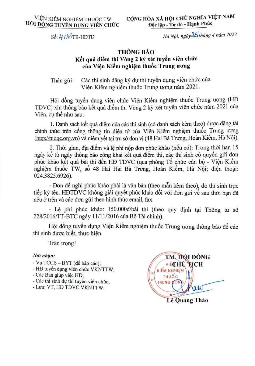 THÔNG BÁO: Kết quả thi Vòng 2 kỳ thi xét tuyển viên chức của Viện Kiểm nghiệm thuốc Trung ương