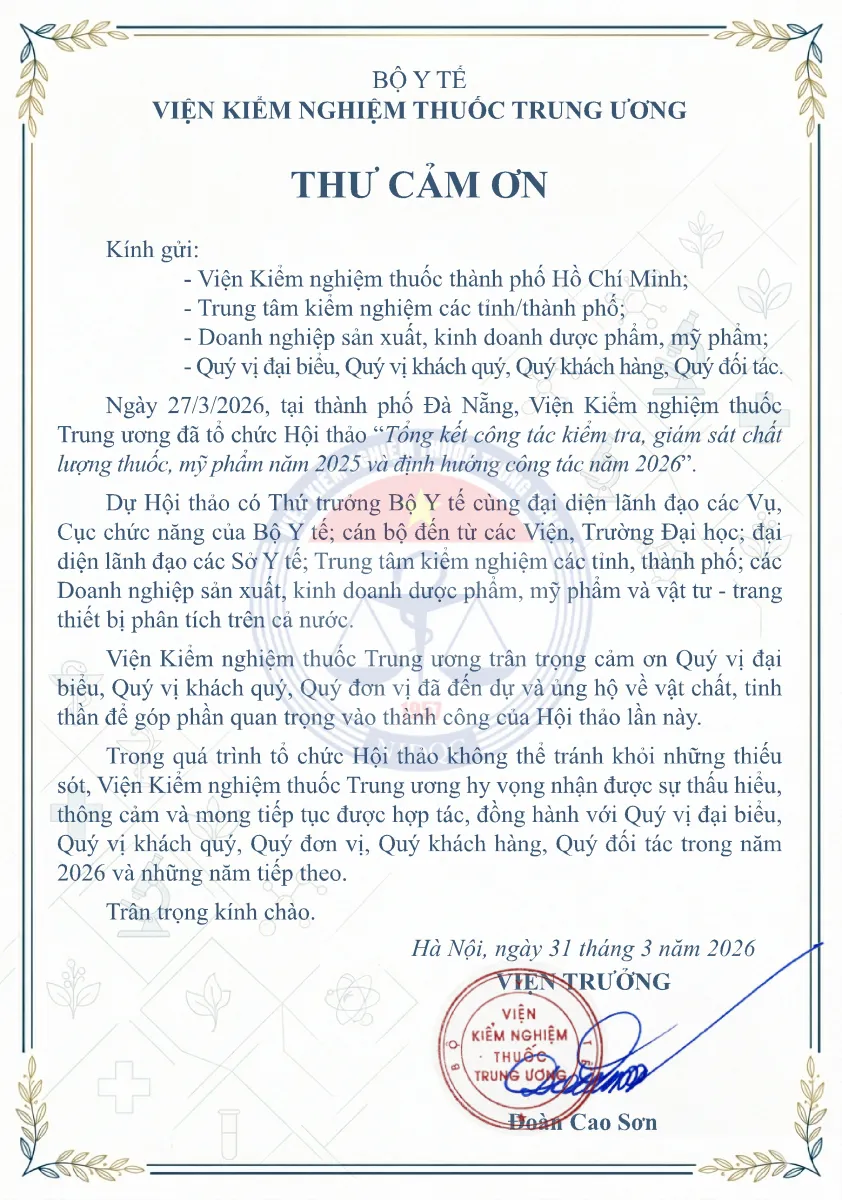 THƯ CẢM ƠN